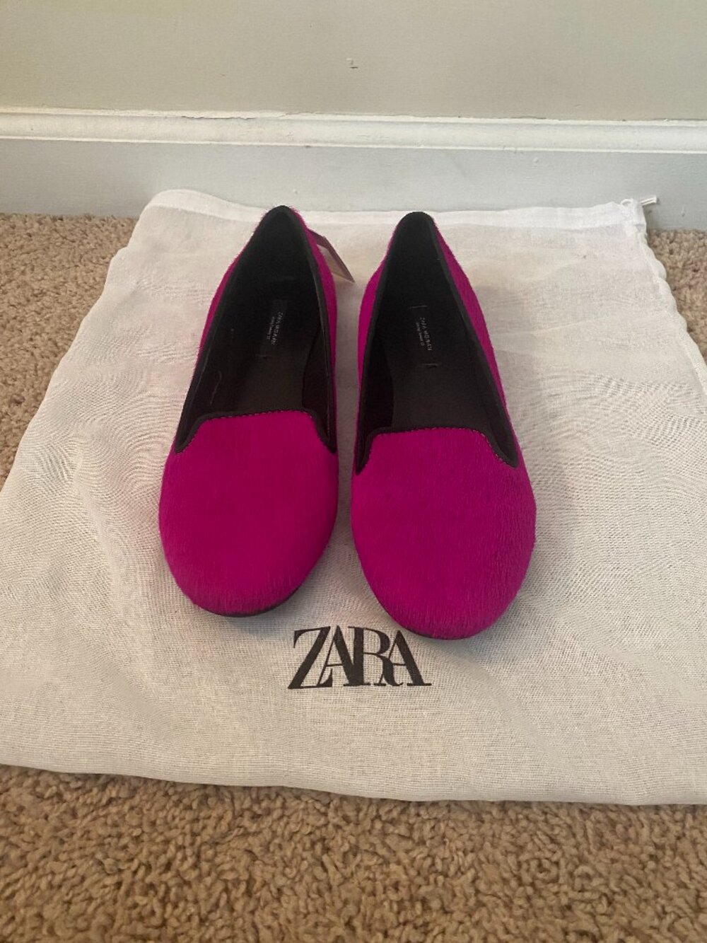 NEW ZARA PONY HAIR FLATS HOT PINK